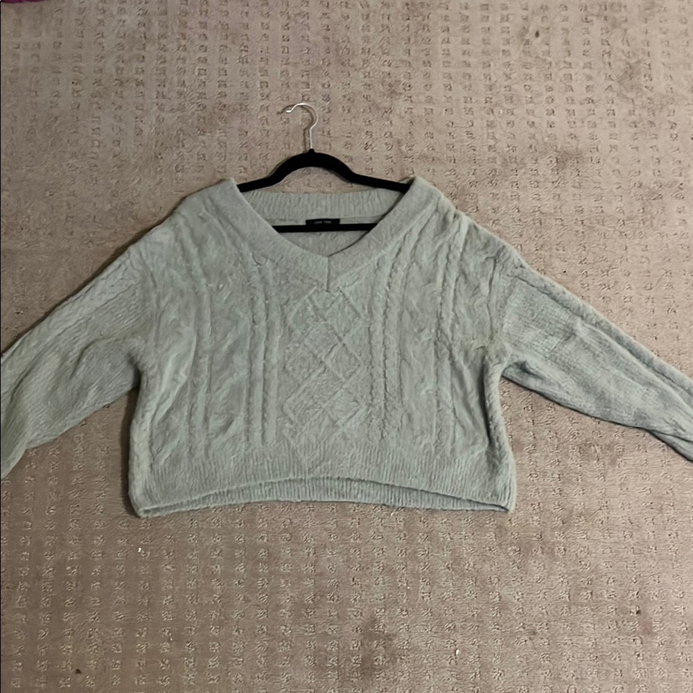 Light Green V-Neck Cable Knit Sweater